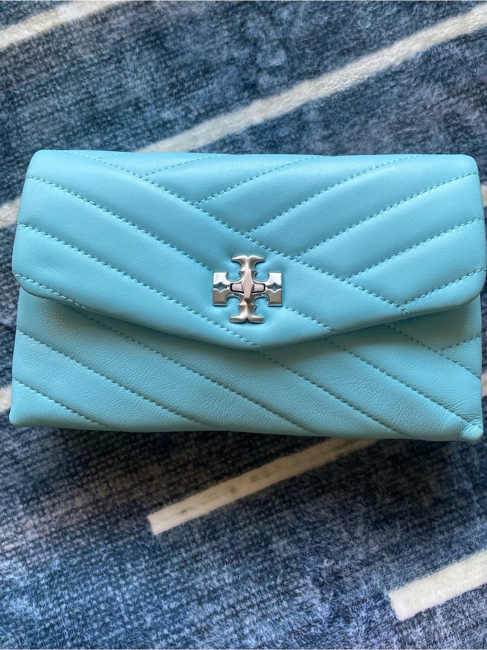 Tory Burch Quilted Leather Clutch in Light Celeste with Silver Logo
